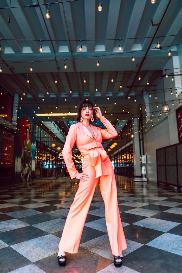 Fashionable woman in vibrant outfit posing under hanging lights in an urban setting.